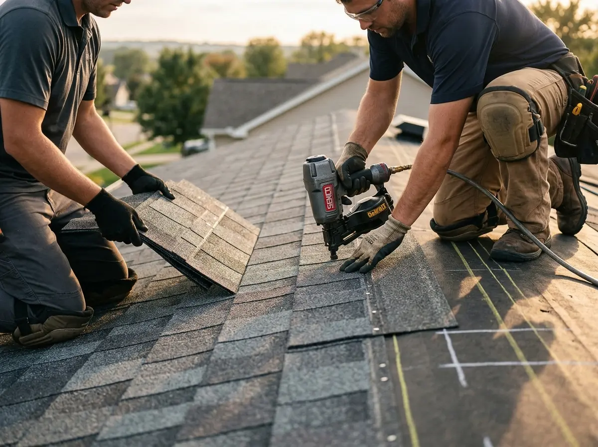 Professional roofer working on a residential roof in Federal Heights